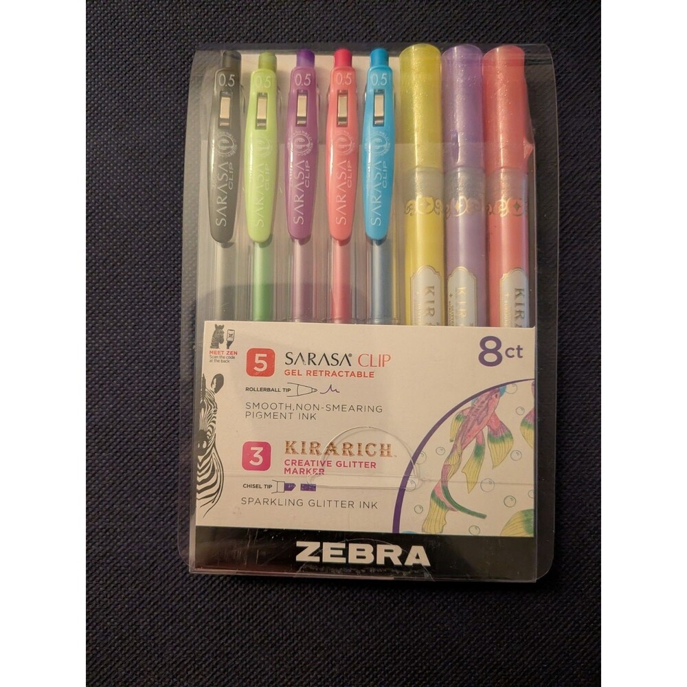 Zebra Sarasa Clip Gel Pen & Kirarich Glitter Marker 8 Count Set NEW Journaling